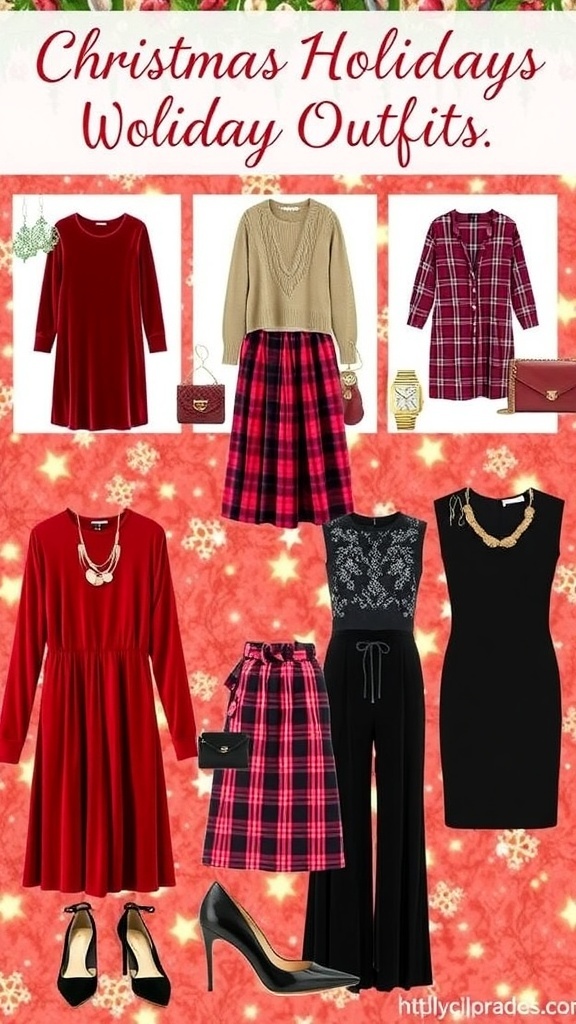 Stylish Christmas holiday outfits for women including dresses, sweaters, and skirts with festive accessories.